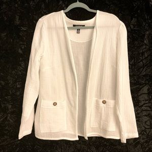 Ellen Tracy crisp white gauze jacket coverup size L pockets EUC